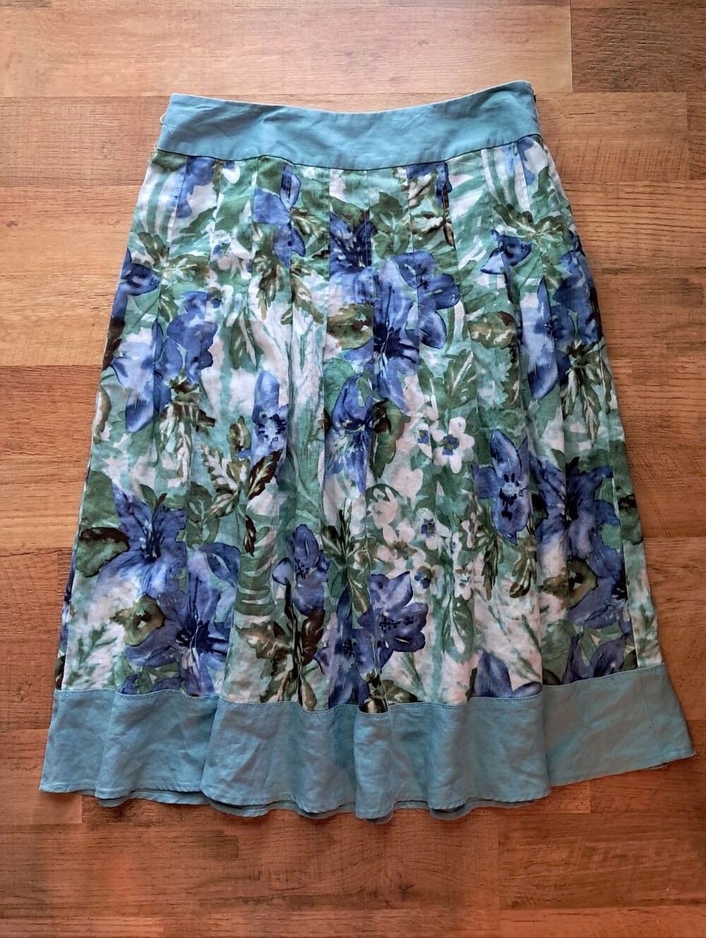 Tape Measure Floral Pleated Blue-Green A-Line Women's Linen Skirt